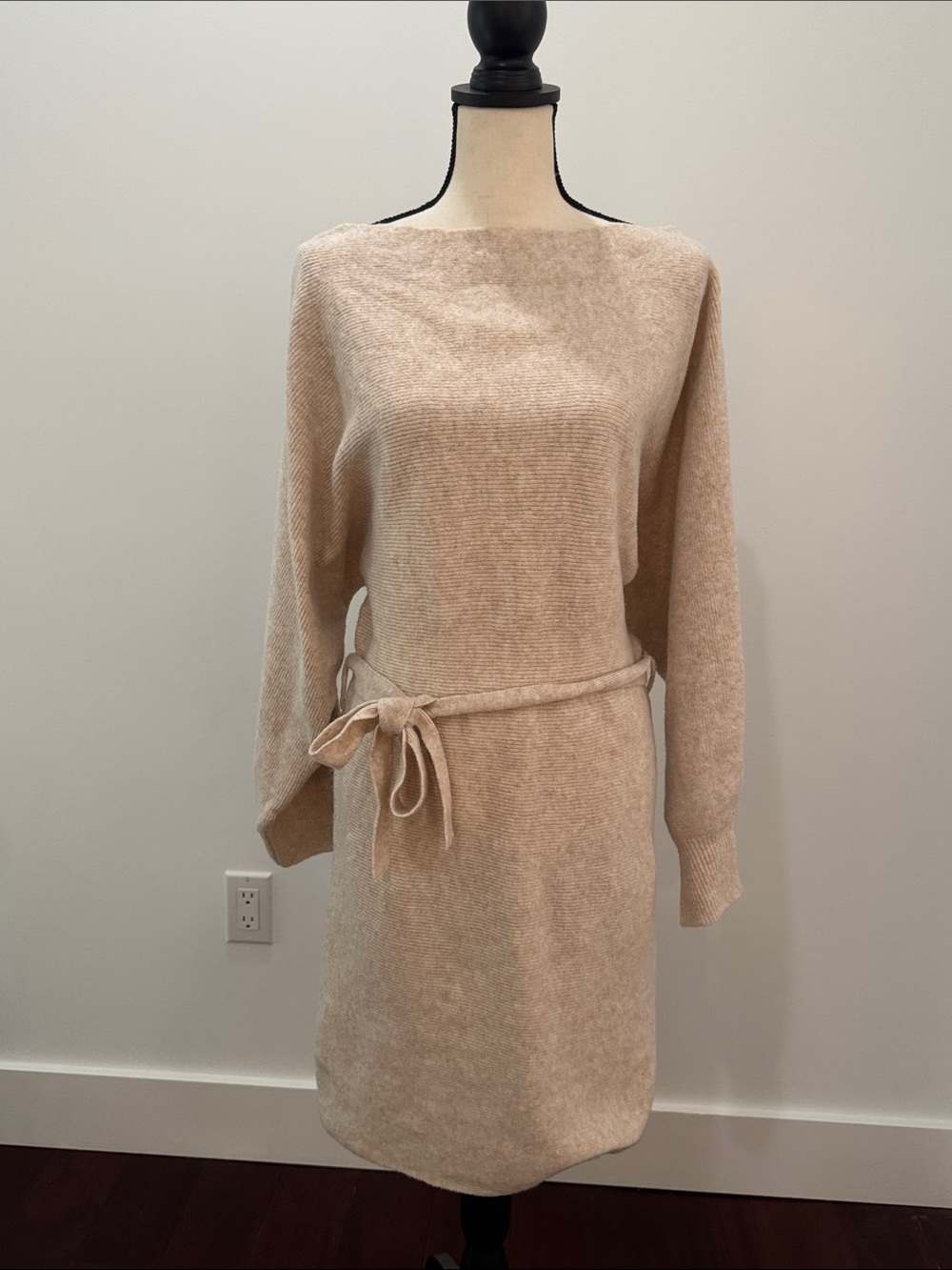 SHEIN Beige Long Sleeve Sweater Knit Dress Sash Waist Tie Large NWOT Cozy Cute